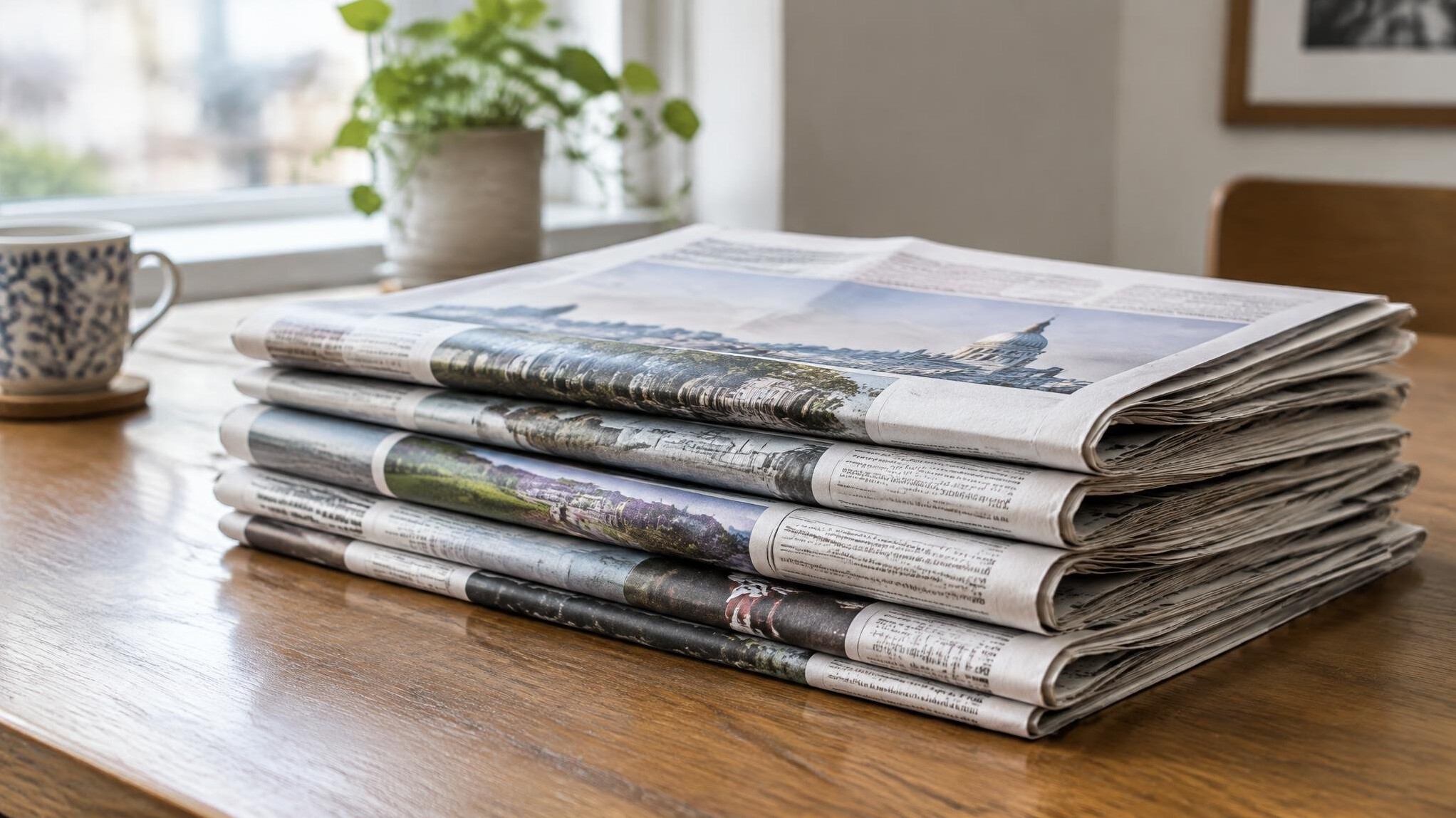 Stack of folded newspapers on a wooden table