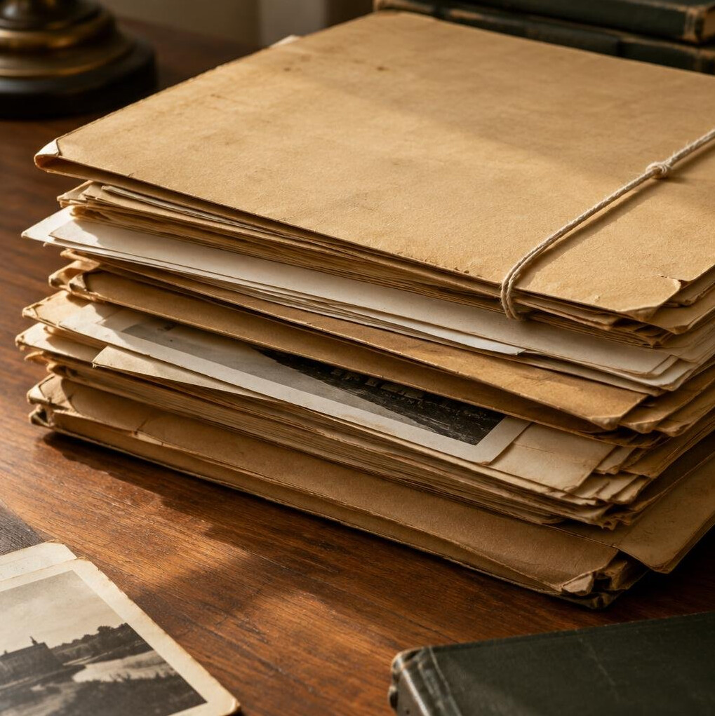 Close-up of stacked archival paper documents