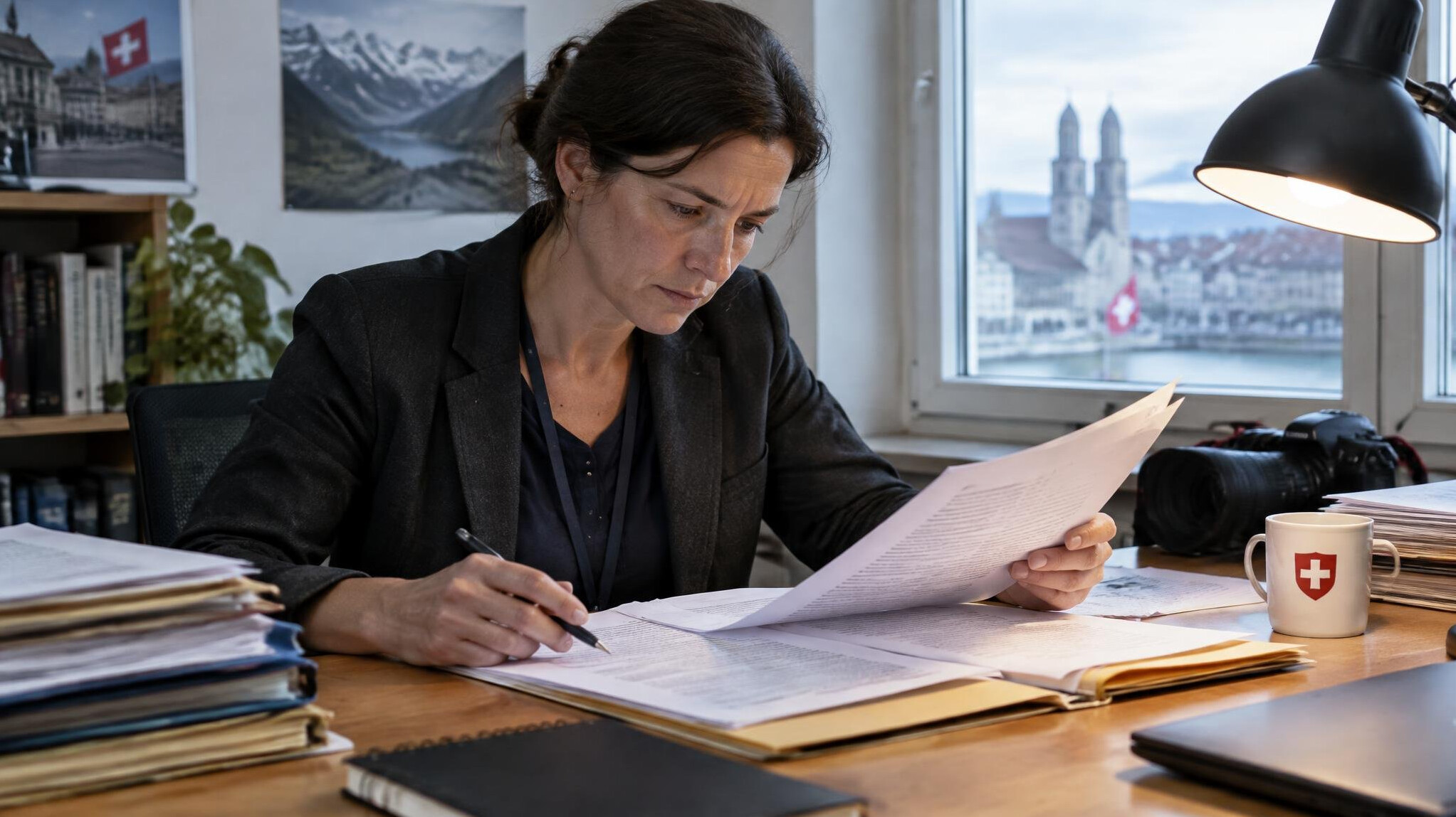 Journalist reviewing printed documents and files at a desk