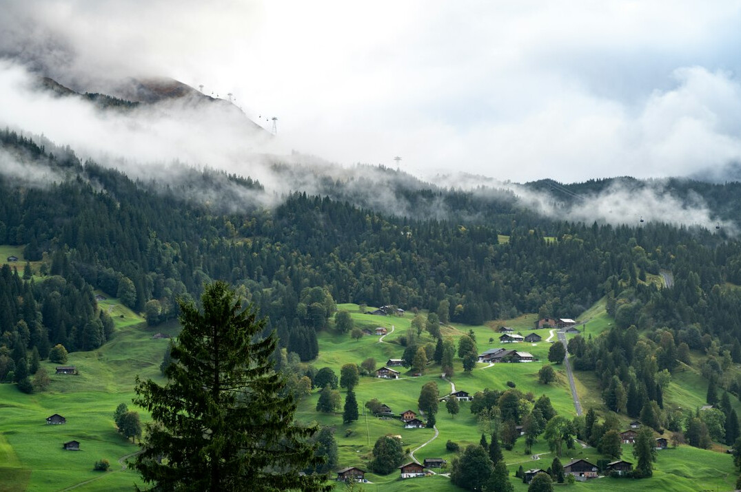 Crowd of tourists walking through a Swiss mountain village