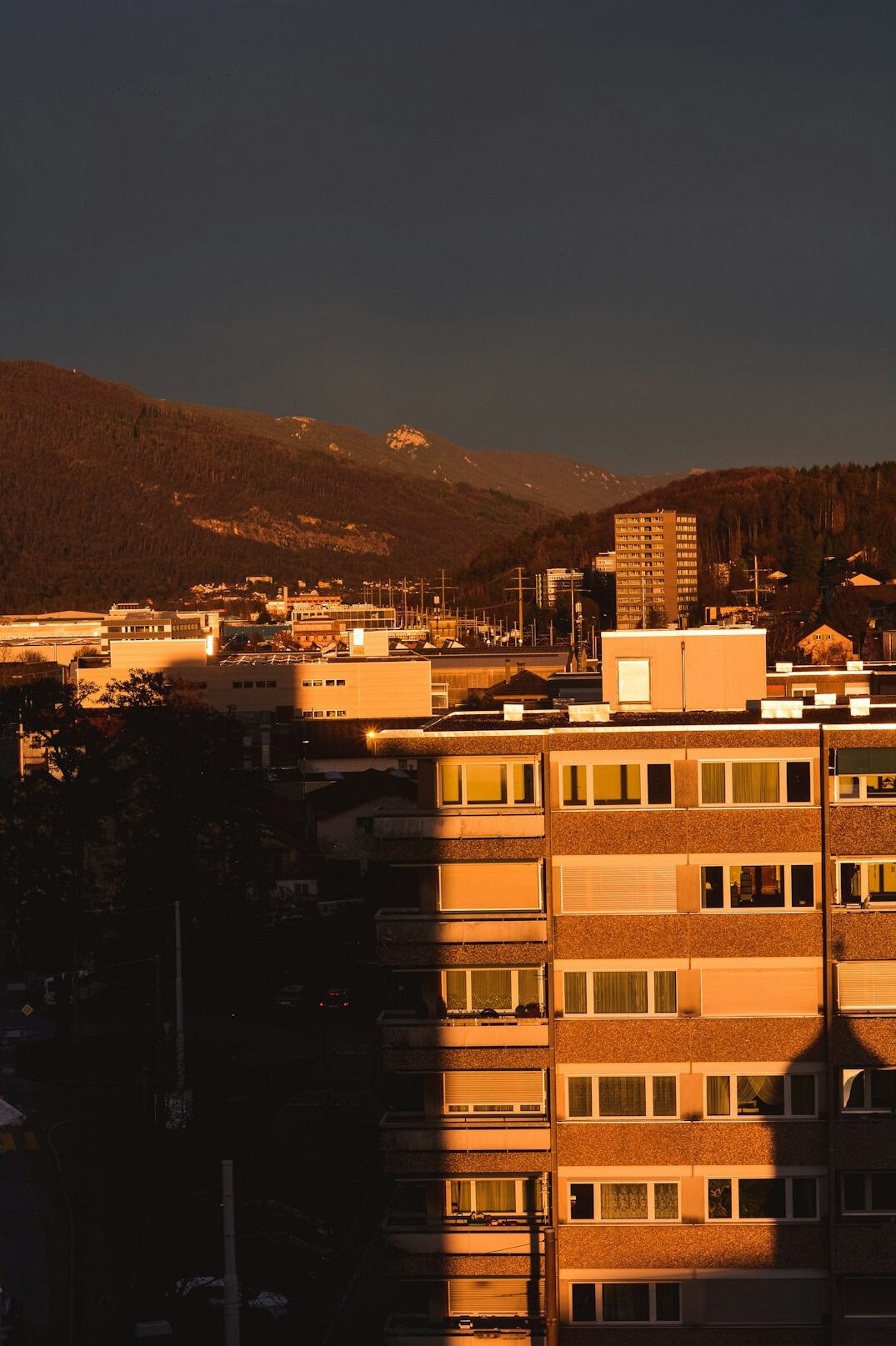 Row of traditional apartment buildings on a Swiss city street at dusk