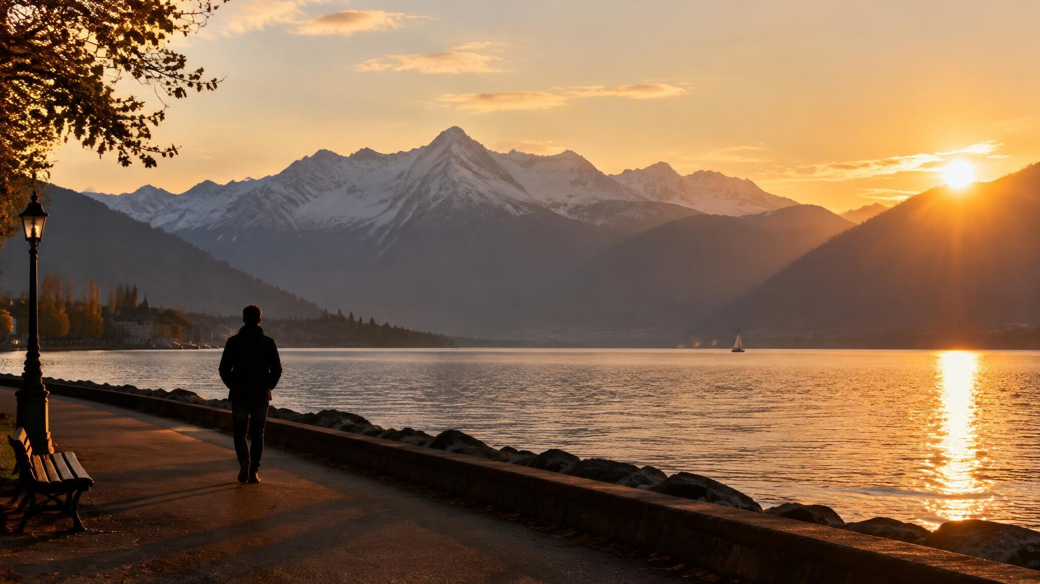 Silhouette of a person walking along a lake with Swiss mountains in the background