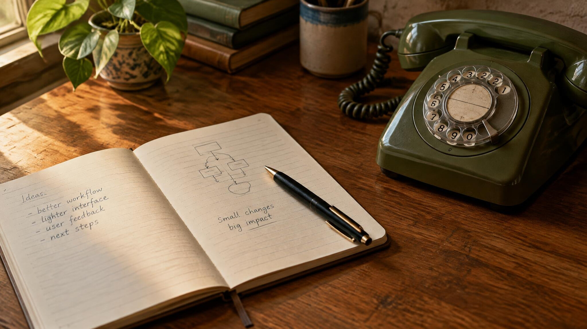 Open notebook with a pen next to a rotary telephone on a desk