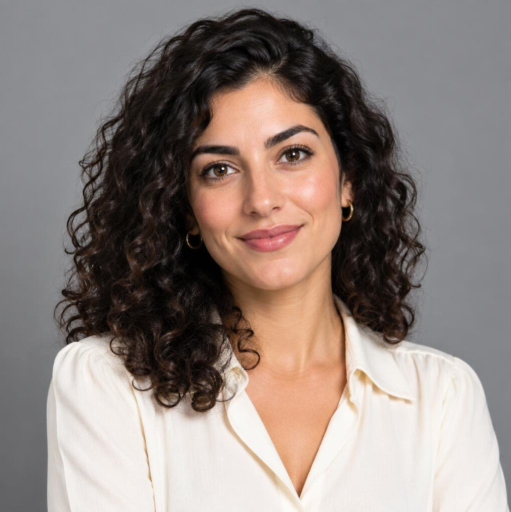 Studio portrait of a young woman with curly dark hair