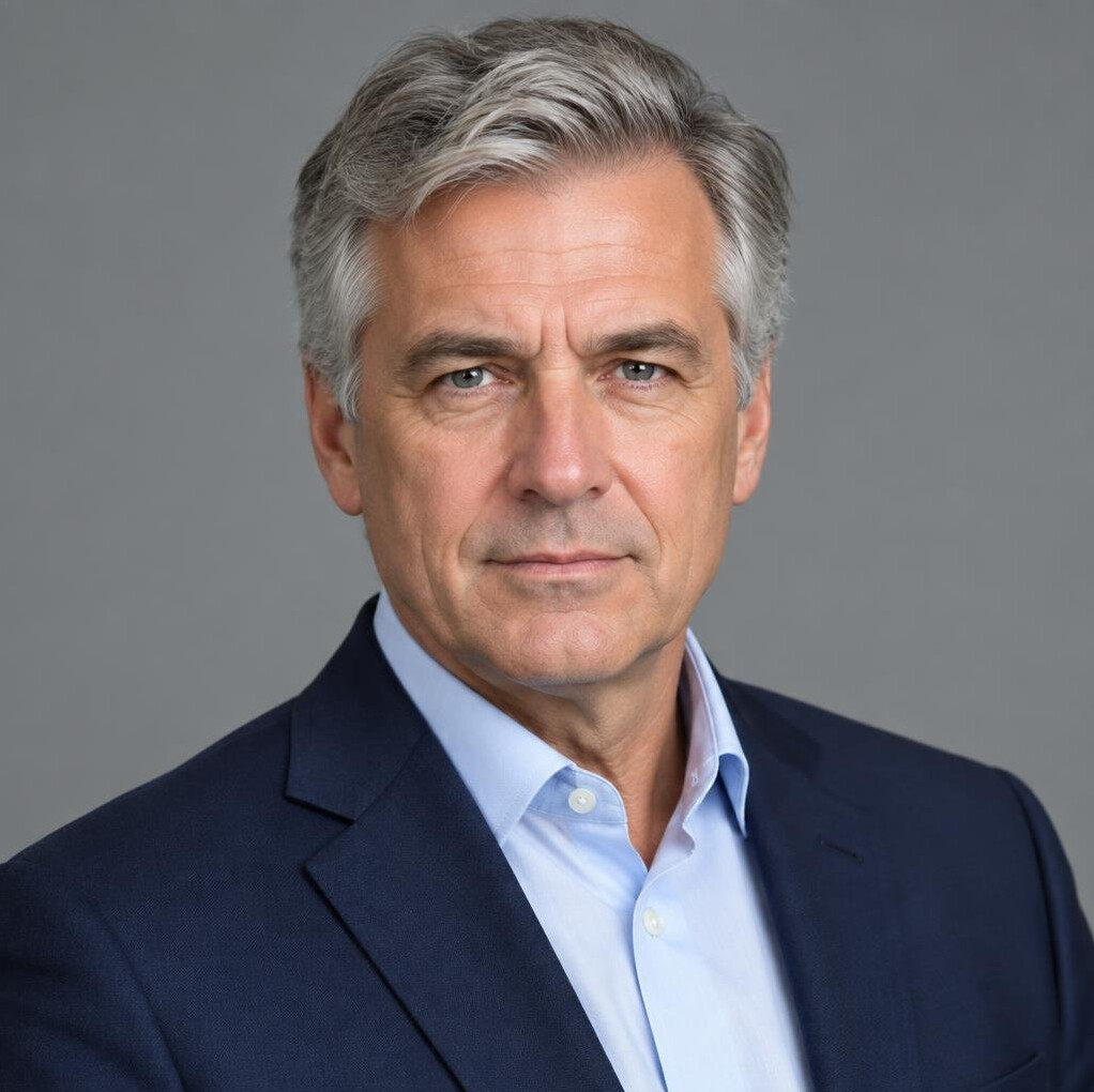 Studio portrait of an older man with grey hair and a suit jacket