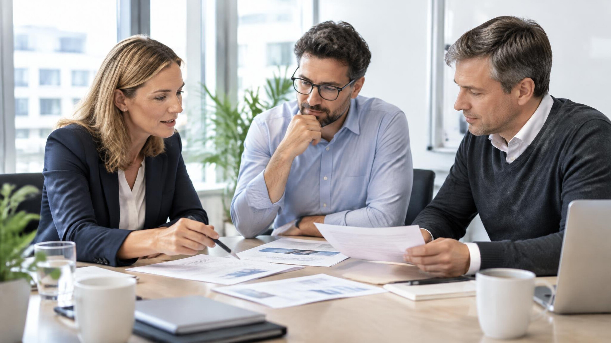 Group of professionals in a meeting room discussing documents