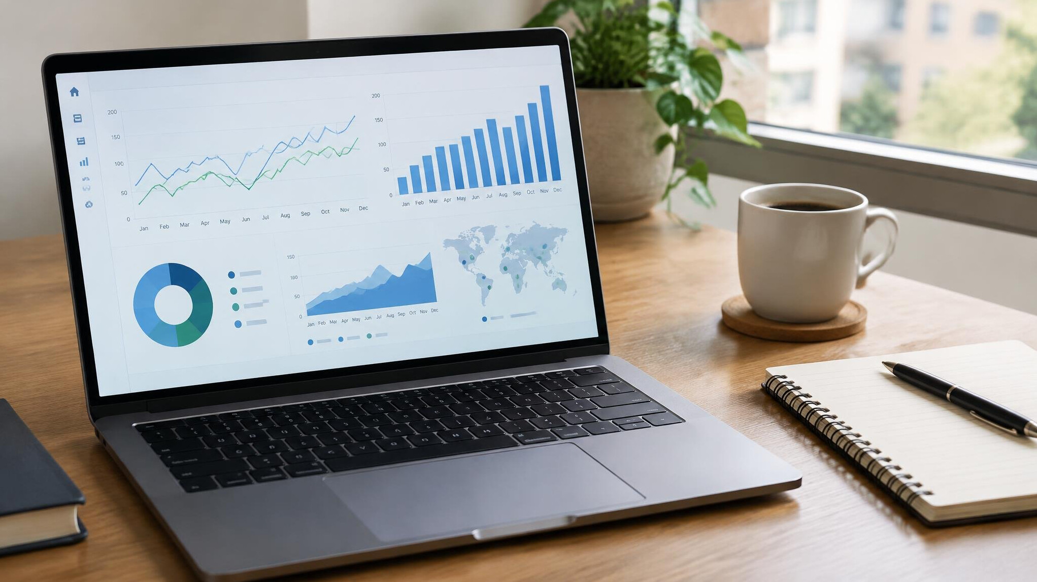 Laptop screen showing charts and data graphs on a desk