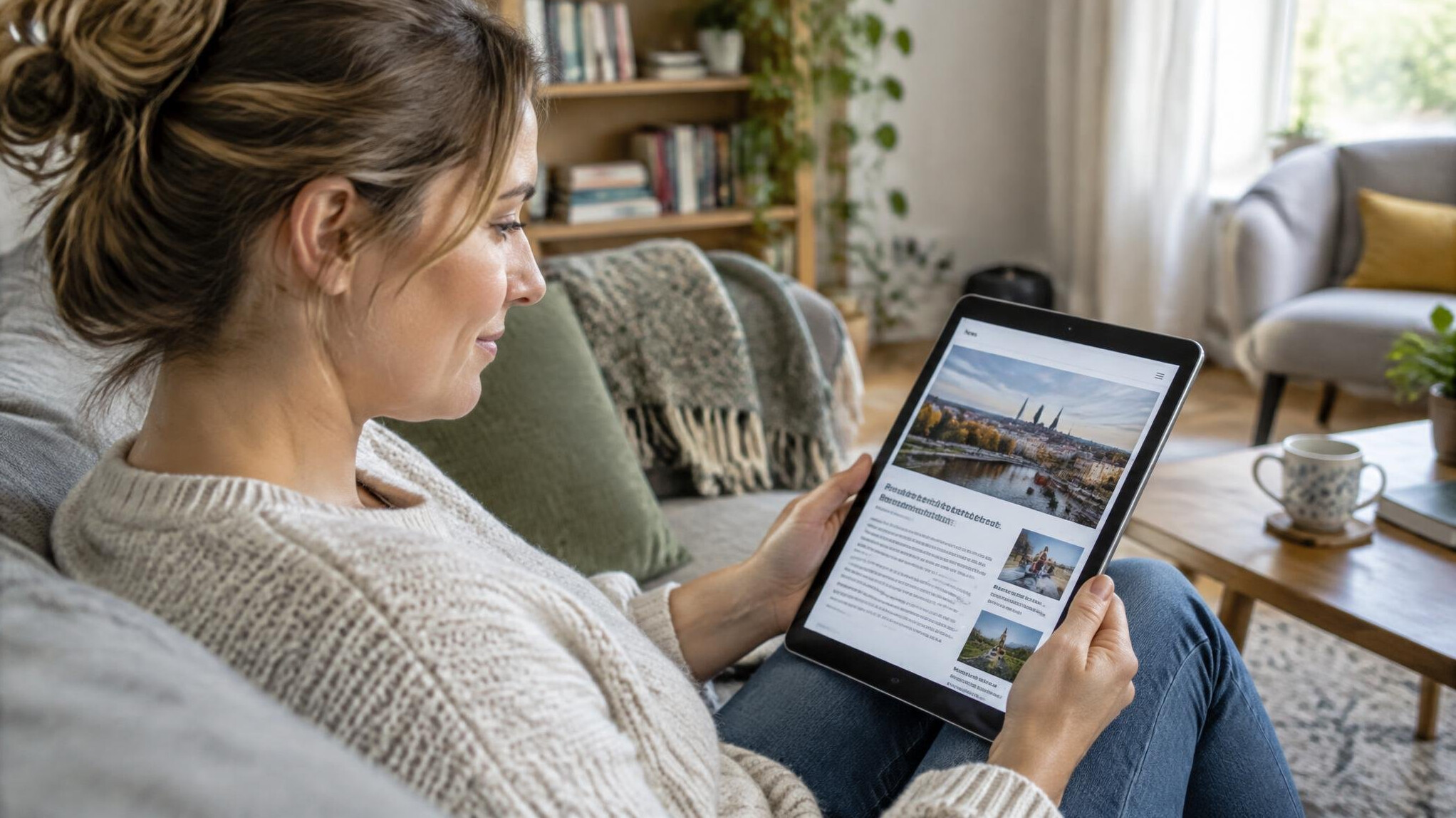 Reader holding a tablet displaying a news article